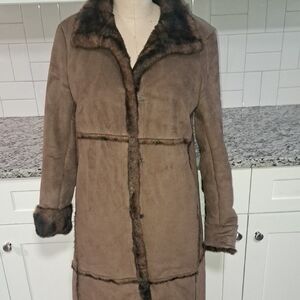 Jones New York Brown Full Length Coat Suede Faux Fur Trim